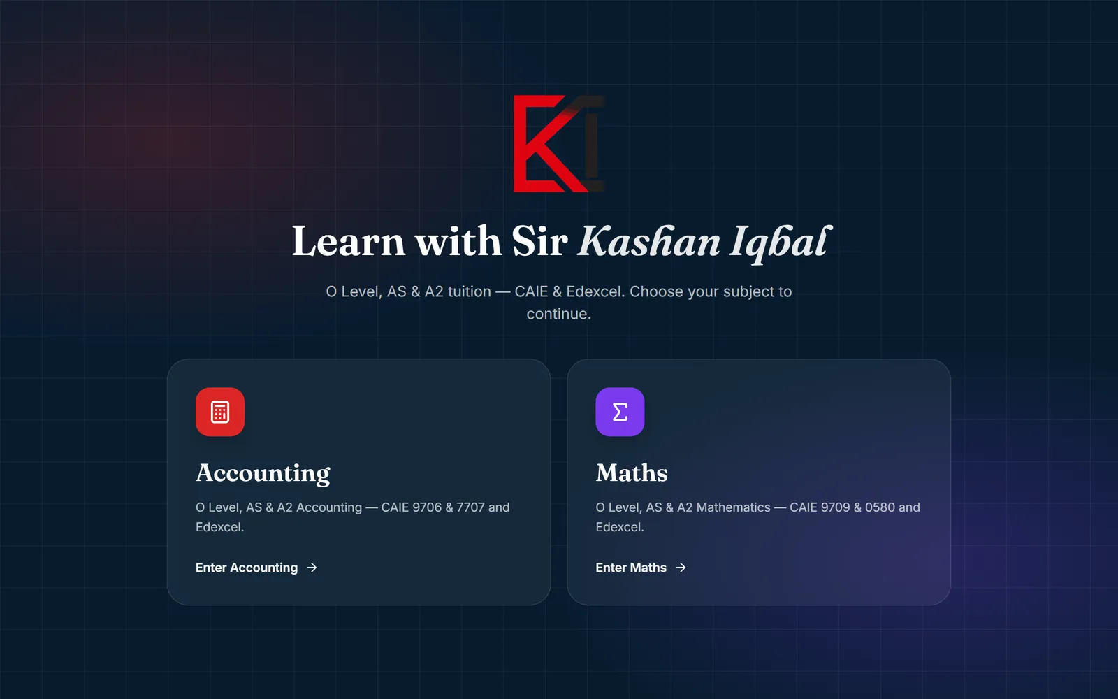 The Kashan Iqbal tutoring site, showing its home page