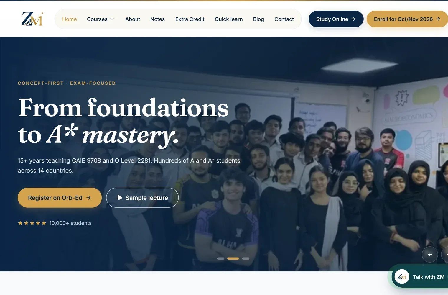 The Zarak Mushtaq tutoring site, showing its home page